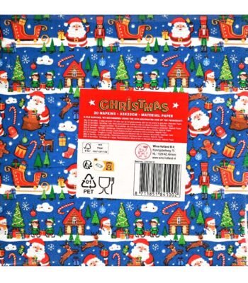 kerst servetten met kerstman slee rendier en elfjes op blauwe achtergrond Servetten Kerst