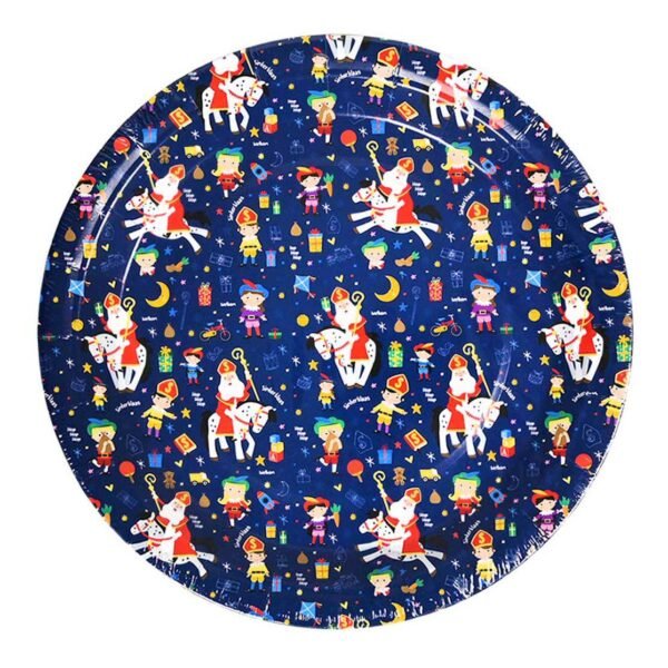 Rond donkerblauw bord met vrolijke Sinterklaas illustraties, cadeautjes en maan sterretjes patroon Papieren Borden Sinterklaasfeest