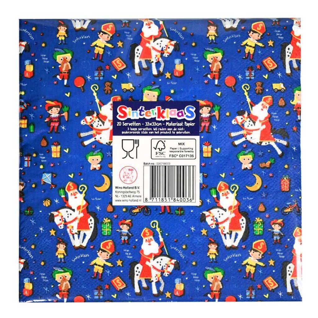 Sinterklaas servetten met kleurrijke Sint en Piet illustraties op blauwe achtergrond servetten sinterklaasfeest