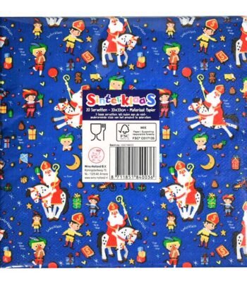 Sinterklaas servetten met kleurrijke Sint en Piet illustraties op blauwe achtergrond servetten sinterklaasfeest