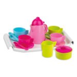Kleurrijke plastic speelgoed theeset met kopjes, kan en dienblad Dienblad met Theeservies