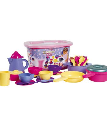 Kleurrijke plastic speelgoed keuken set met pannetjes, servies en bestek Servies in Opbergbox