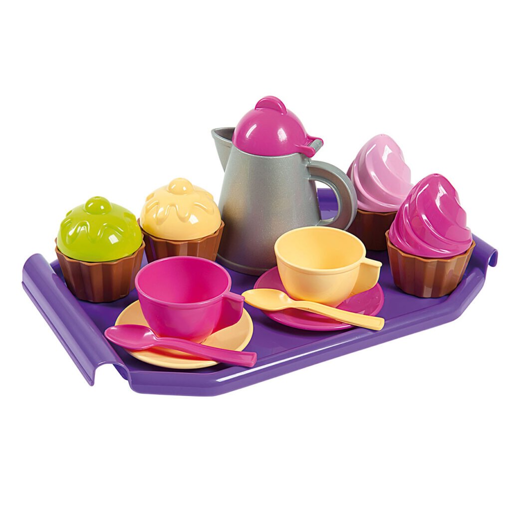 Kleurrijke speelgoed theeset met cupcakes op dienblad Cupcake Theeset