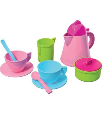 kleurrijke plastic speelgoed thee set met kopjes en theepot Theeset in Netje