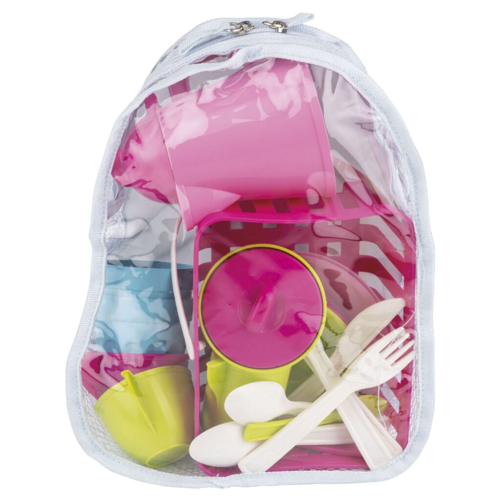 Transparante rugzak met kleurrijk kinderservies en speelgoedset Servies in Tas
