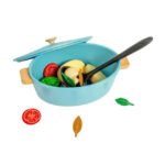 blauwe speelgoed pan met houten groente en lepel Bigjigs Houten Stoofpannen Speelset