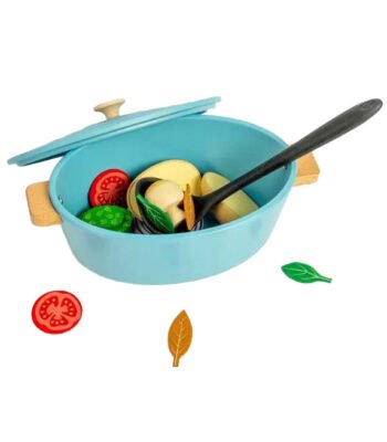 blauwe speelgoed pan met houten groente en lepel Bigjigs Houten Stoofpannen Speelset
