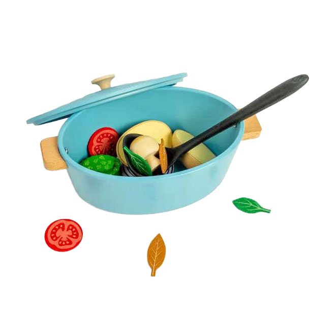 blauwe speelgoed pan met houten groente en lepel Bigjigs Houten Stoofpannen Speelset