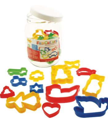 Pot met kleurrijke koekvormpjes set inclusief diverse vormen bigjigs bakvormen