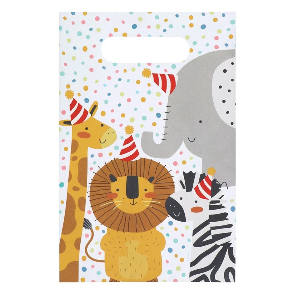 cadeauzakje met giraffe leeuw zebra en olifant print feestelijk Papieren Feestzakjes Safari