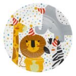 Papieren kinderfeest bord met jungle dieren en feesthoedjes Papieren Bordjes Safari