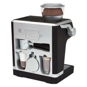 Achterkant speelgoed DeLonghi espressomachine met accessoires