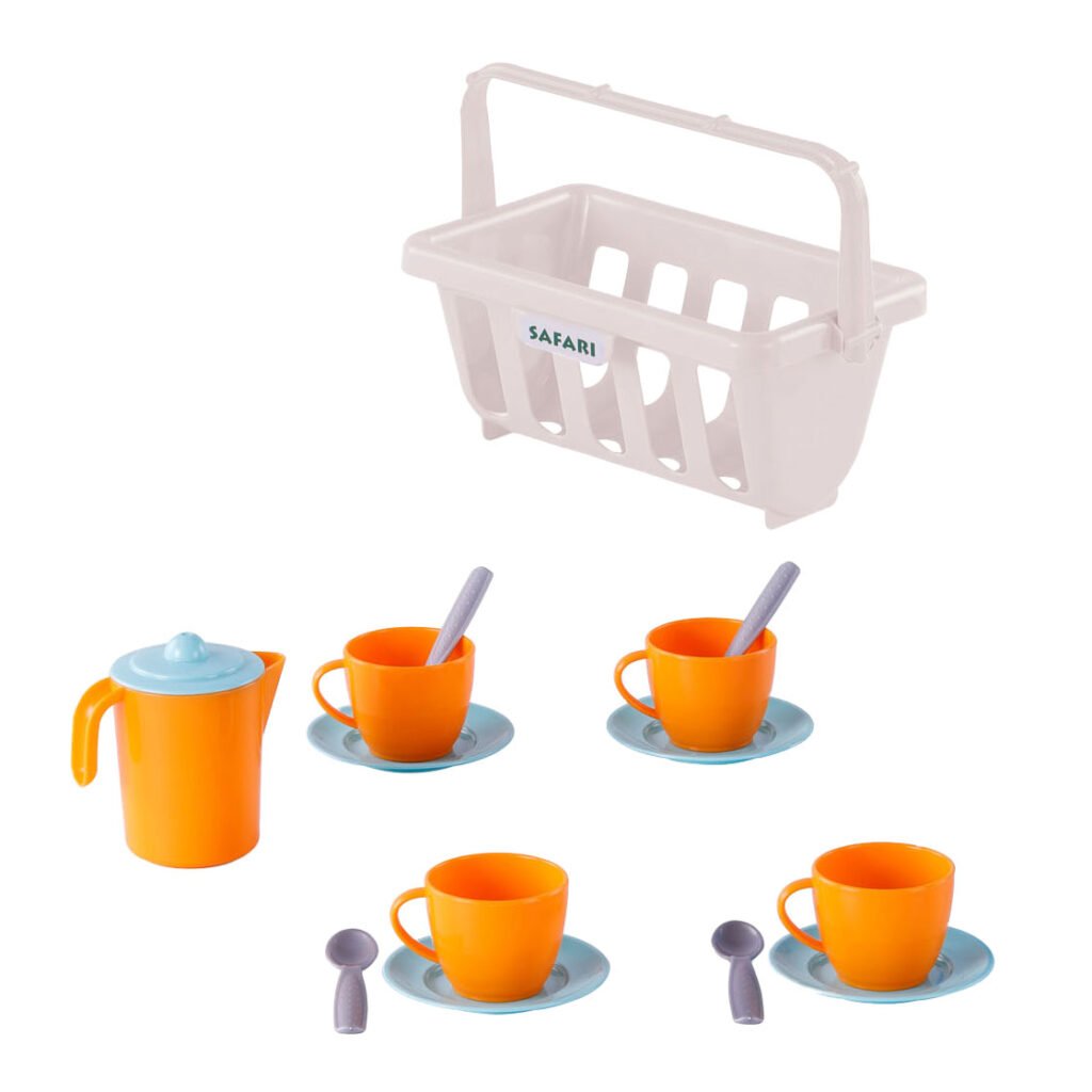 Speelgoed theeservies met oranje kopjes, theepot en roze mandje. Cavallino Servies in Mand Oranje