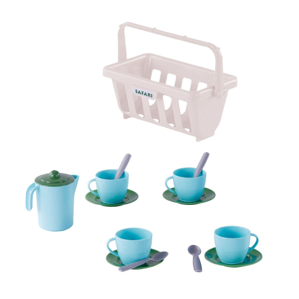 speelgoed theeservies set met kopjes, lepels en waterkoker in mandje. Cavallino Servies in Mand Blauw