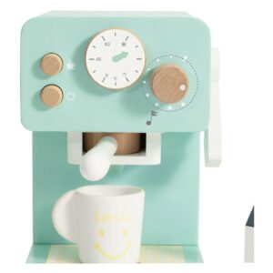 Mintgroen houten speelgoed koffiezetapparaat close-up