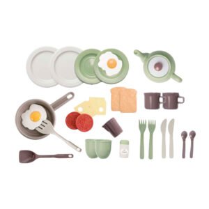 houten speelgoed ontbijtset met pan, ei, brood en servies overzicht