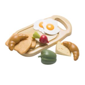 Houten speelgoed ontbijtset met ei, croissant en groenten op snijplank Dantoy Ontbijtplank