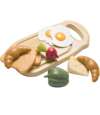 Houten speelgoed ontbijtset met ei, croissant en groenten op snijplank Dantoy Ontbijtplank