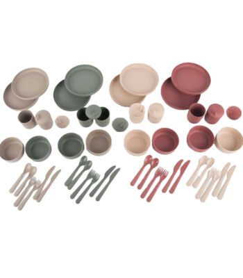 siliconen kinderservies set borden bekers bestek in pastelkleuren Dantoy Serviesset