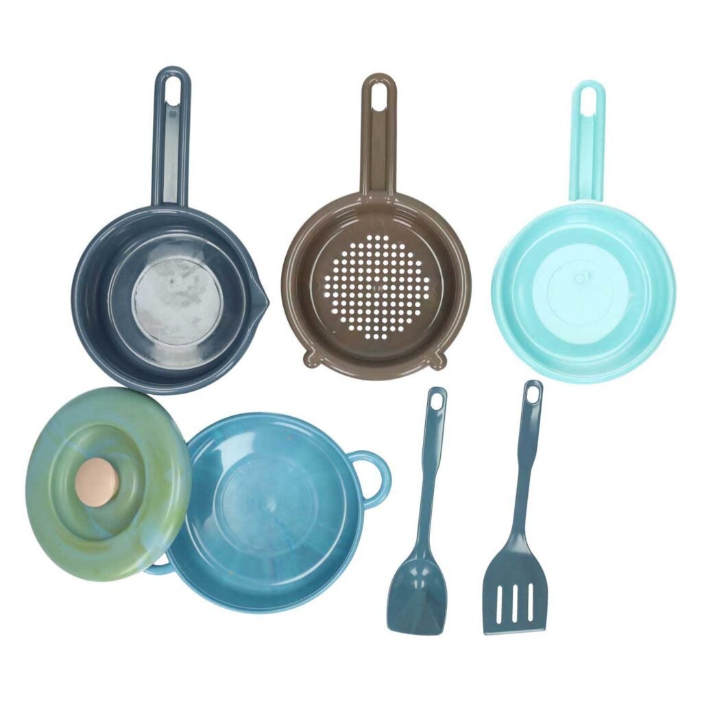 set speelgoed kookgerei met pannen vergiet en spatels in blauw en groen Dantoy Pannenset