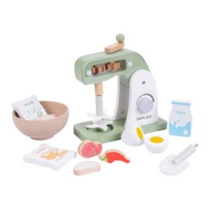 groene houten speelgoed mixer met bakaccessoires
