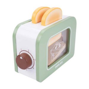 houten speelgoed broodrooster met draaiknop en toast detail