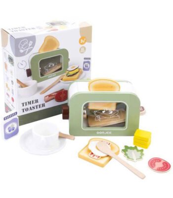 houten broodrooster speelgoed set met accessoires en verpakking Houten Broodrooster met Timer