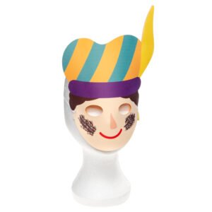 kinder pietenmasker op standaard met gekleurde veermuts