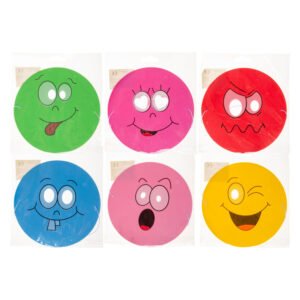 verpakking met zes smiley maskers in verschillende kleuren en emoties