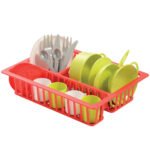 Kunststof afdruiprek met servies en bestek in rood en groen Ecoiffier 100% Chef Afdruiprek met Servies