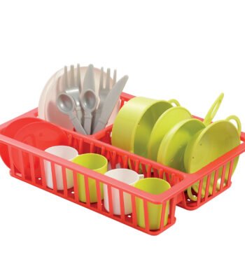 Kunststof afdruiprek met servies en bestek in rood en groen Chef Afdruiprek met Servies