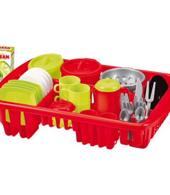 Speelgoed afdruiprek met plastic servies en bestek voor kinderen in rood en groen Chef Afwasset