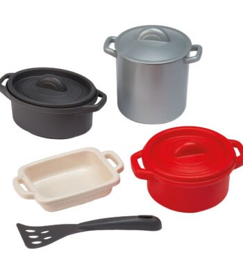 speelgoed kookset met pannetjes en spatel in zwart rood grijs en beige Chef Pannen en Eetset