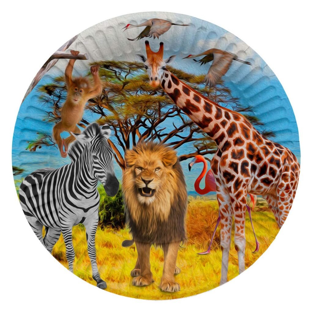 Illustratie van Afrikaanse dieren met giraffe, leeuw, zebra, flamingo en aap in savanne landschap Safari Borden