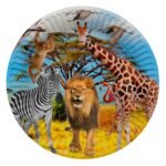 Illustratie van Afrikaanse dieren met giraffe, leeuw, zebra, flamingo en aap in savanne landschap Safari Borden