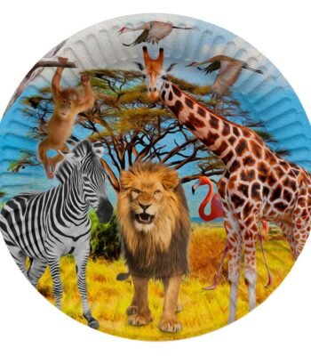 Illustratie van Afrikaanse dieren met giraffe, leeuw, zebra, flamingo en aap in savanne landschap Safari Borden