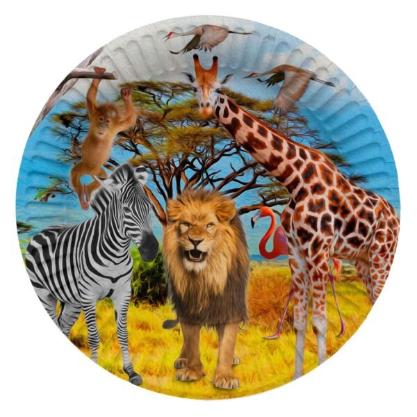 Illustratie van Afrikaanse dieren met giraffe, leeuw, zebra, flamingo en aap in savanne landschap Safari Borden