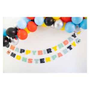 ballonnenboog met happy birthday monster party slinger
