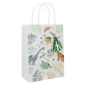 cadeautas dinosaurus design met groene kwast en witte handvatten Uitdeelzakjes Dino Roars