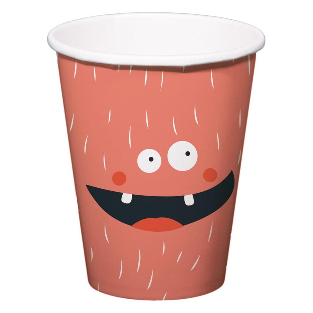 vrolijke cartoon beker met gezicht en rode textuur Papieren Bekers Monster Bash