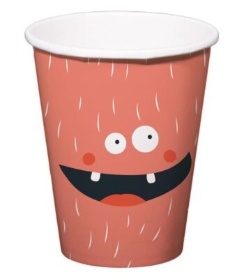 vrolijke cartoon beker met gezicht en rode textuur Papieren Bekers Monster Bash