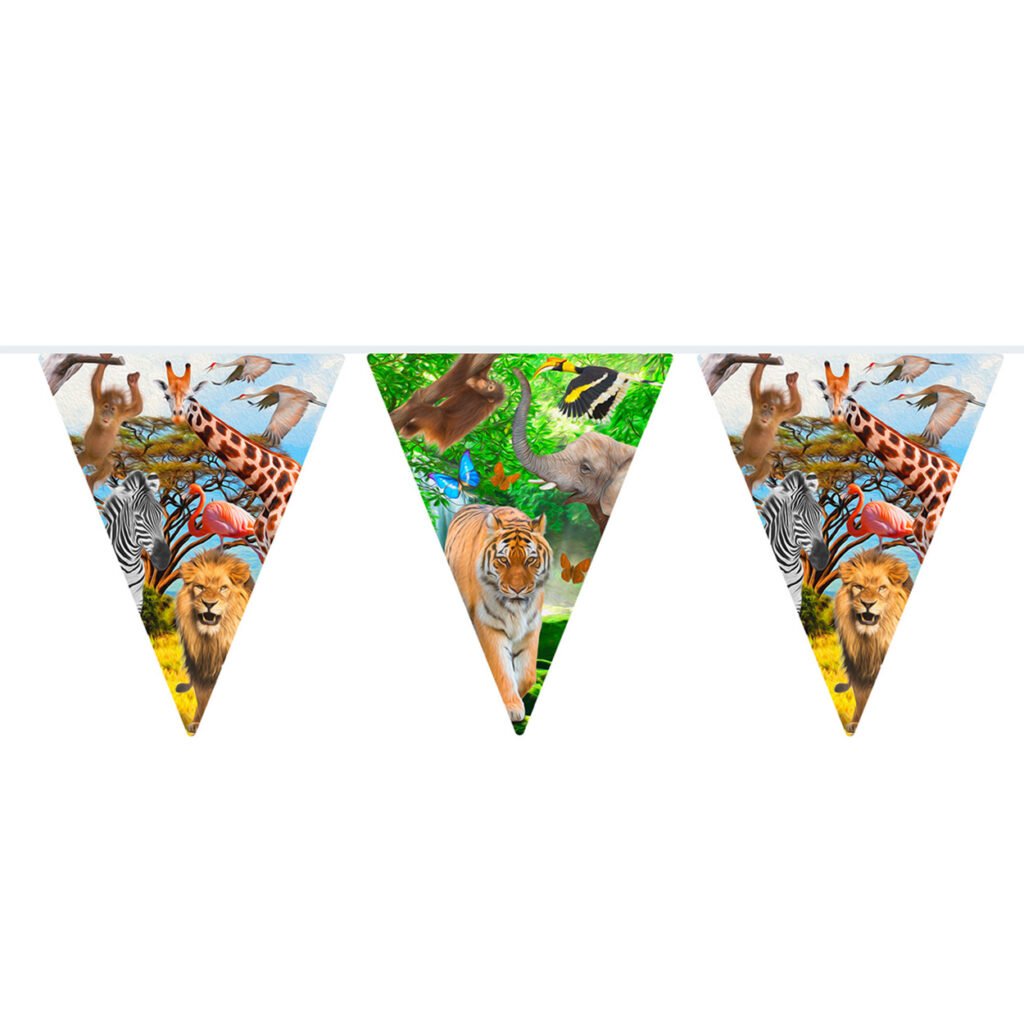 Illustratie met drie driehoeken met savanne en jungle dieren zoals leeuw, tijger, giraf en olifant Safari Vlaggenlijn