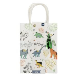 set dinosaurus cadeautassen met label en witte handvatten voorkant
