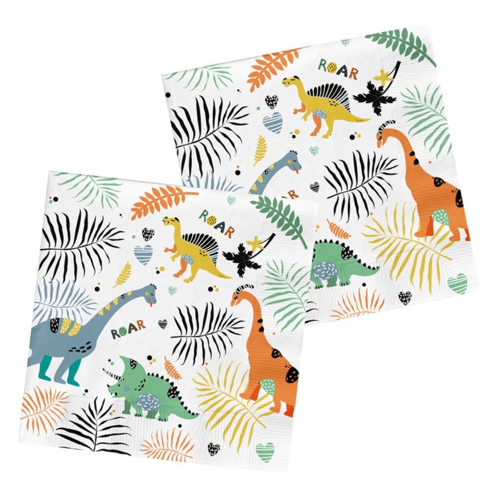 dinosaurus servetten set met kleurrijke dino illustraties en bladeren Servetten Dino Roars