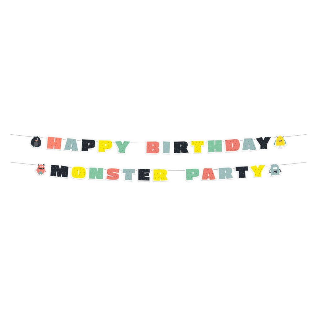 happy birthday monster party banner met kleurrijke letters Letterslinger Monster Bash
