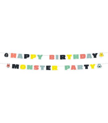 happy birthday monster party banner met kleurrijke letters Letterslinger Monster Bash