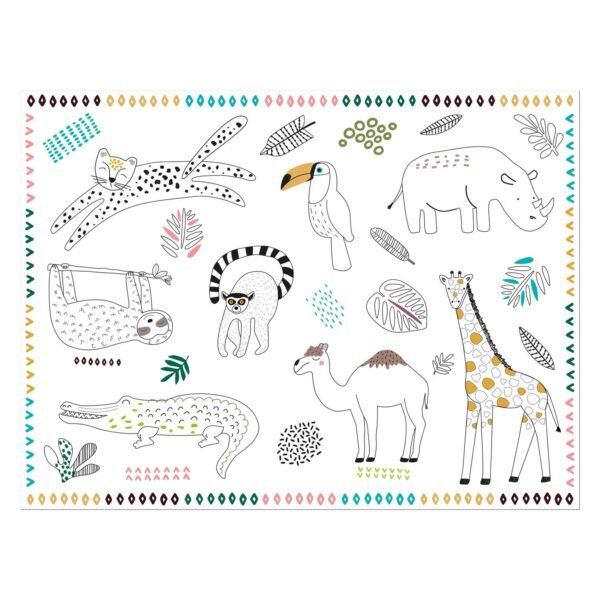 Speelse illustratie van jungle dieren zoals giraffe, krokodil en luiaard in minimalistische stijl Inkleurbare Placemats Wilde Dieren