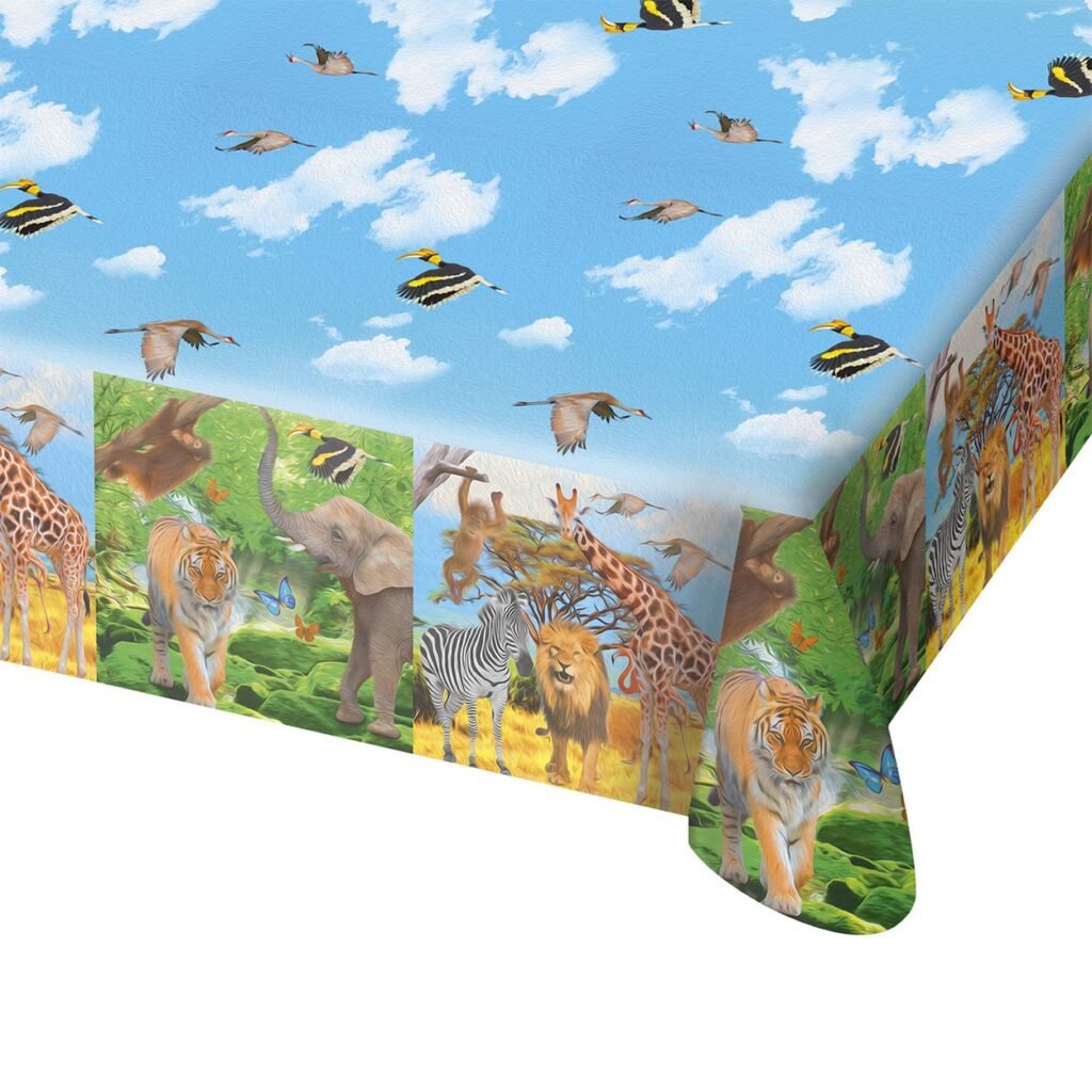 muurprint jungle dieren kamer plafond vogels blauwe lucht safari giraffe leeuw tijger zebra Safari Tafelkleed