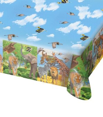 muurprint jungle dieren kamer plafond vogels blauwe lucht safari giraffe leeuw tijger zebra Safari Tafelkleed