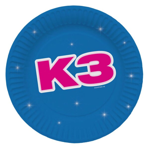 Blauw K3 bord met roze logo en sterretjes feestbord K3 Bordjes